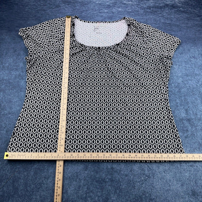 Just My Size JMS Women 3X Black White Geometric Ikat Cap Sleeve Pleated Blouse by Just My Size