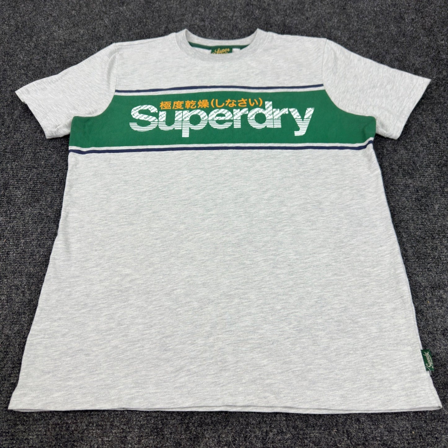 Superdry Mens Graphic T-Shirt Grey Green Stripe Logo Crew Neck Small by Superdry