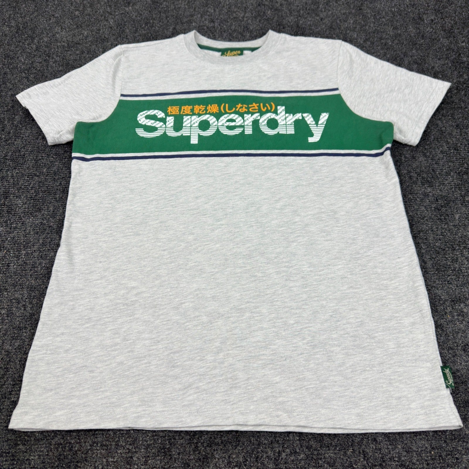 Superdry Mens Graphic T-Shirt Grey Green Stripe Logo Crew Neck Small by Superdry