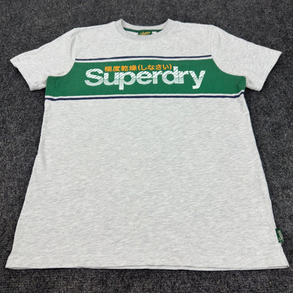 Superdry Mens Graphic T-Shirt Grey Green Stripe Logo Crew Neck Small by Superdry