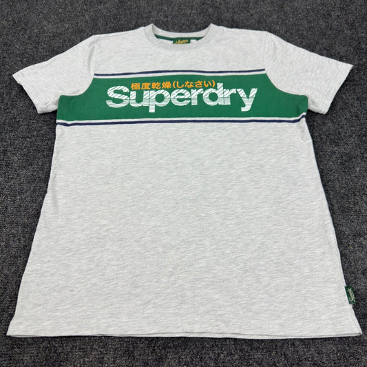 Superdry Mens Graphic T-Shirt Grey Green Stripe Logo Crew Neck Small by Superdry