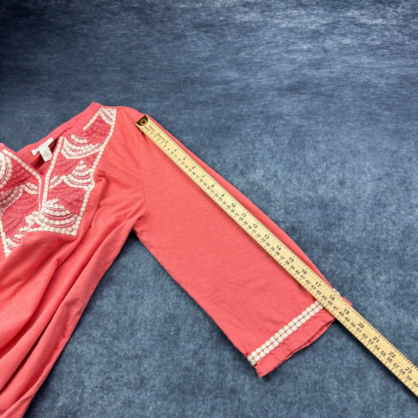 Charter Club Coral Pink Embroidered Beaded Tunic Top XL 100% Cotton 3/4 Sleeve by Charter Club