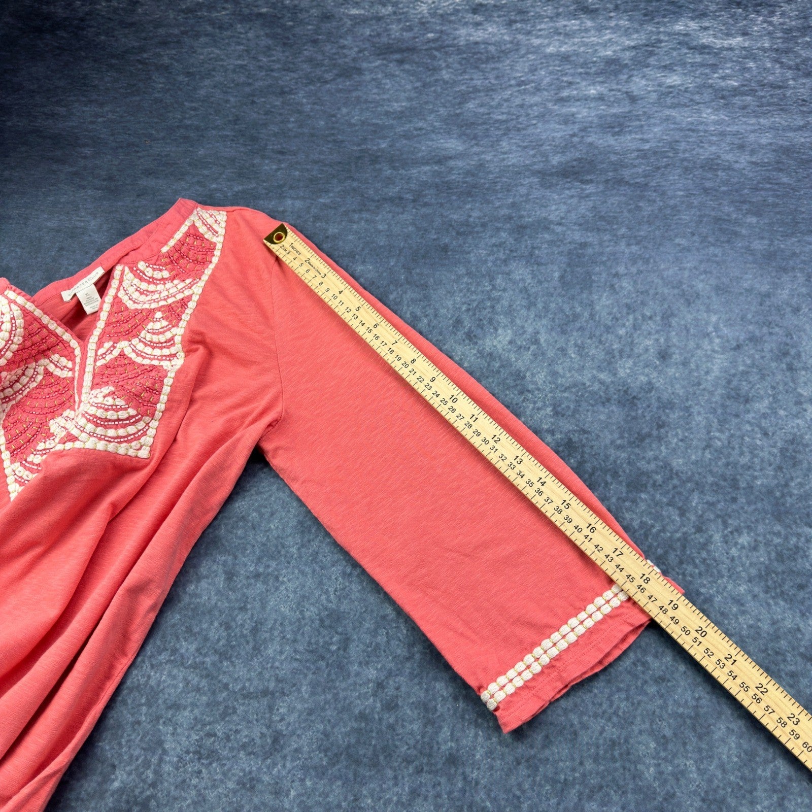 Charter Club Coral Pink Embroidered Beaded Tunic Top XL 100% Cotton 3/4 Sleeve by Charter Club
