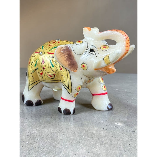 S.A.C. Product Jaipur Hand Painted Marble Elephant Figurine Trunk Up Gold Decor by S.A.C. Product