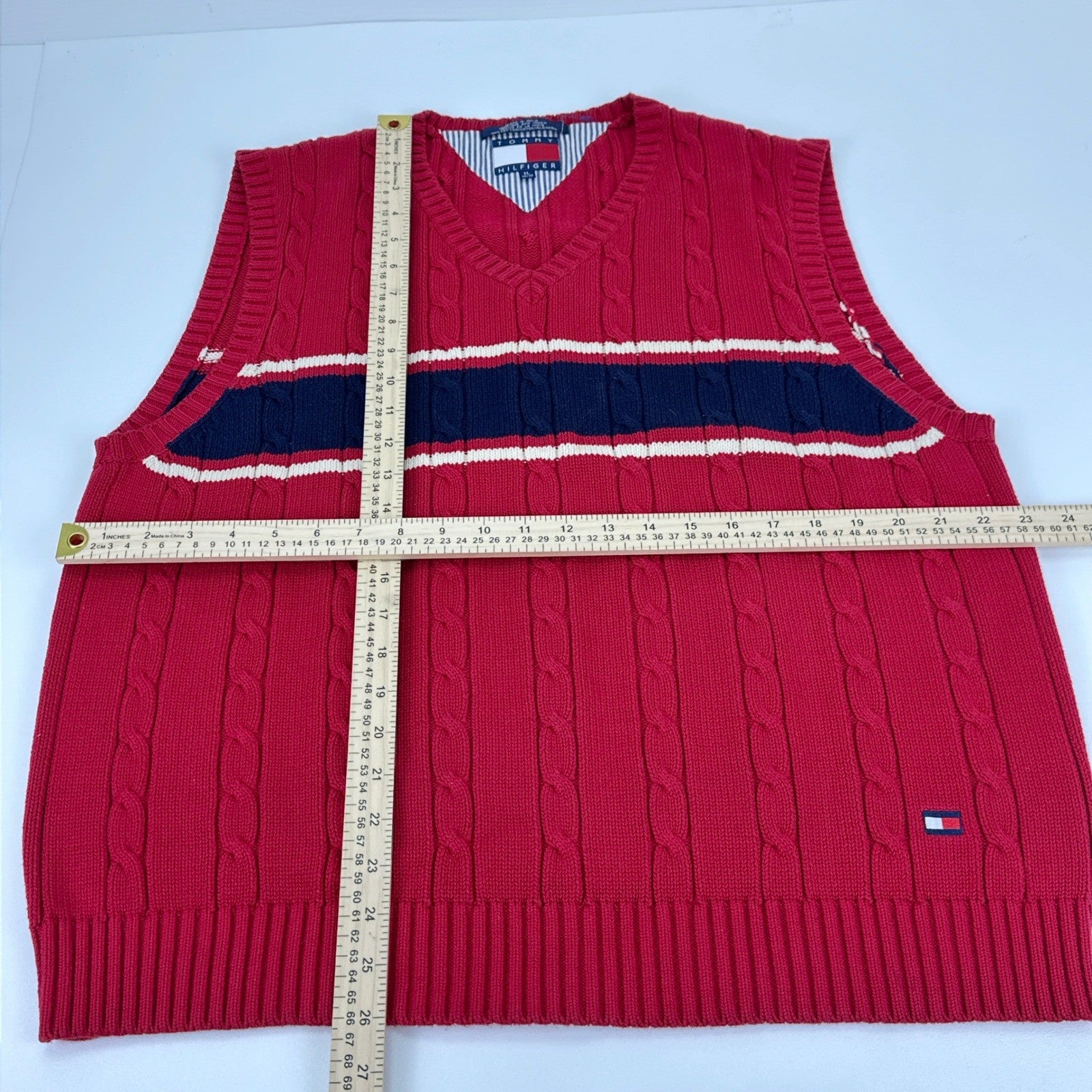 Tommy Hilfiger Mens Red Cable Knit V-Neck Sweater Vest Navy Stripe XL by Tommy Hilfiger