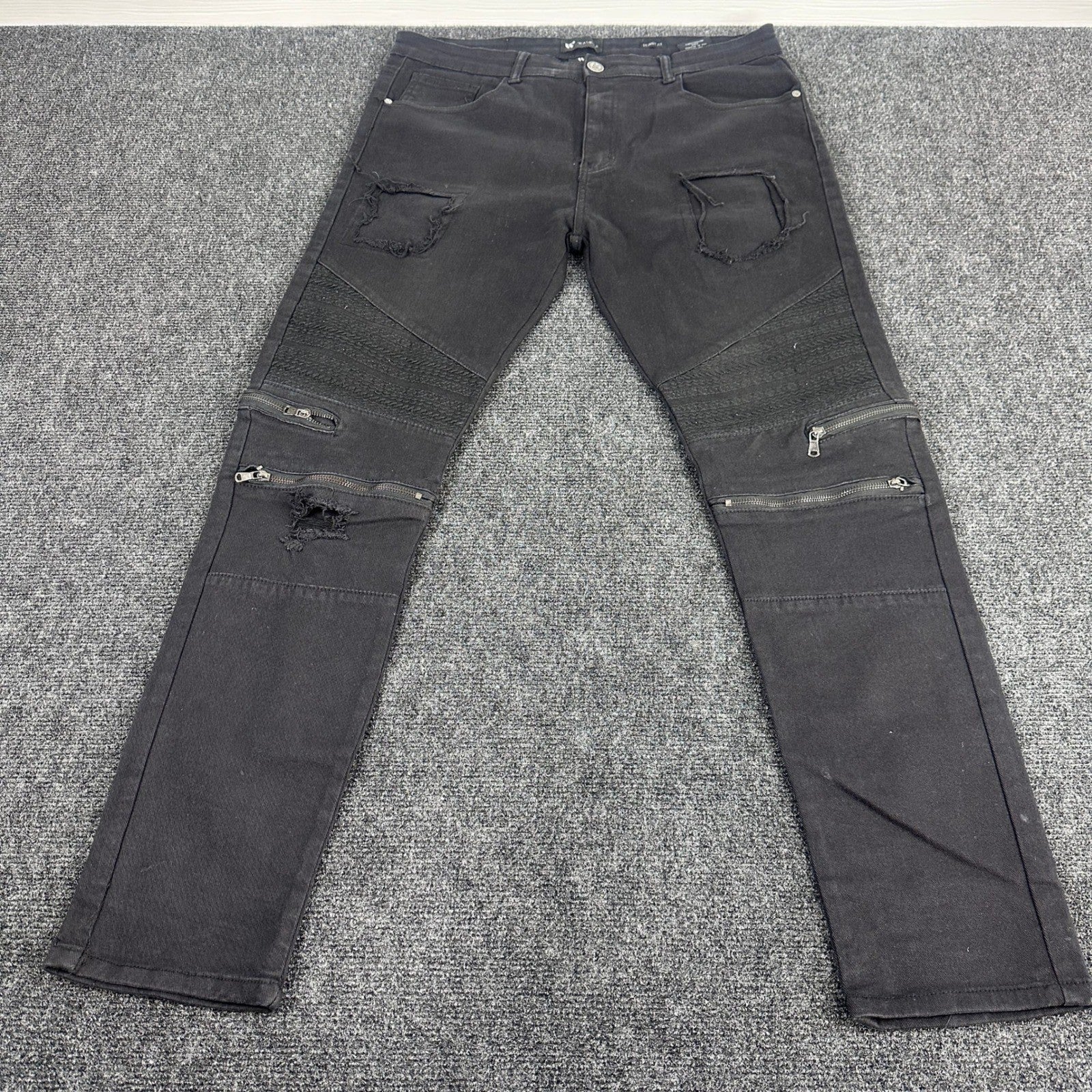 Waimea Mens Skinny Fit Jeans Black Faded Knee Zipper Denim Pants Size 36 by Waimea