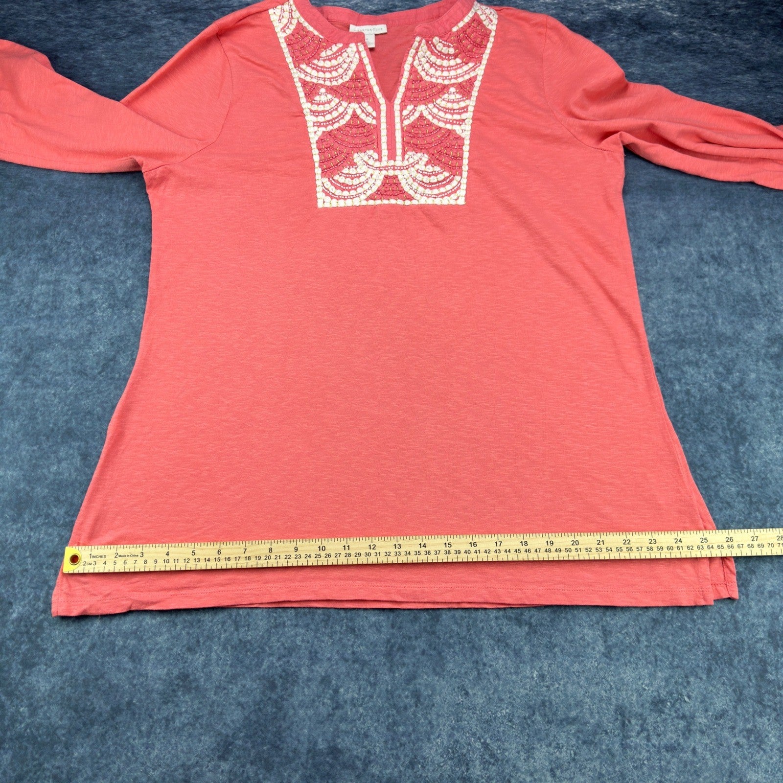 Charter Club Coral Pink Embroidered Beaded Tunic Top XL 100% Cotton 3/4 Sleeve by Charter Club