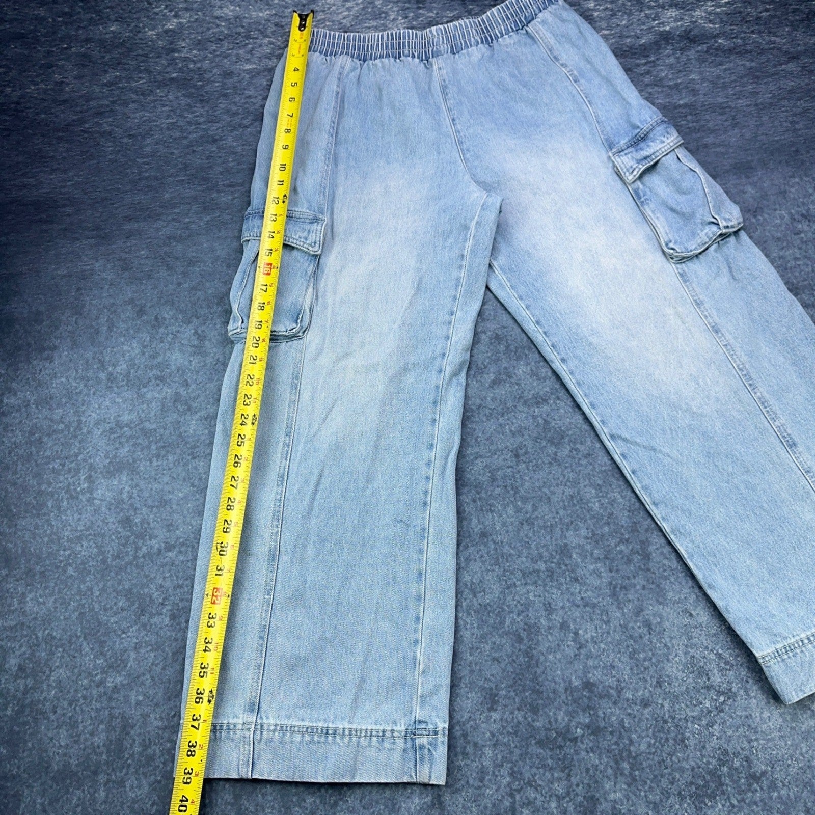 Forever 21 Premium Womens XL Light Wash Elastic Waist Wide Leg Cargo Jeans by FOREVER 21