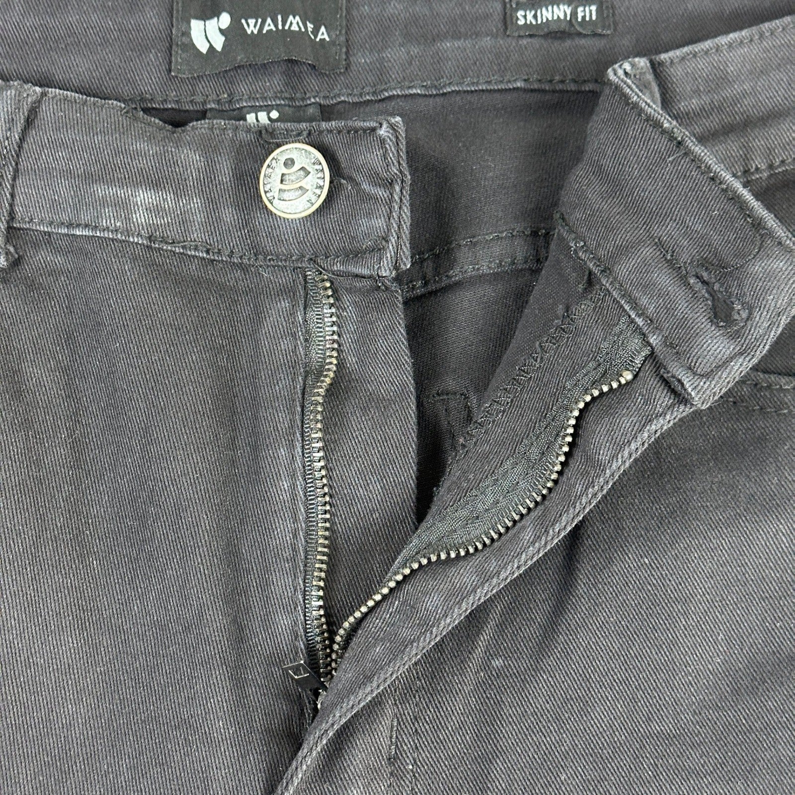 Waimea Mens Skinny Fit Jeans Black Faded Knee Zipper Denim Pants Size 36 by Waimea