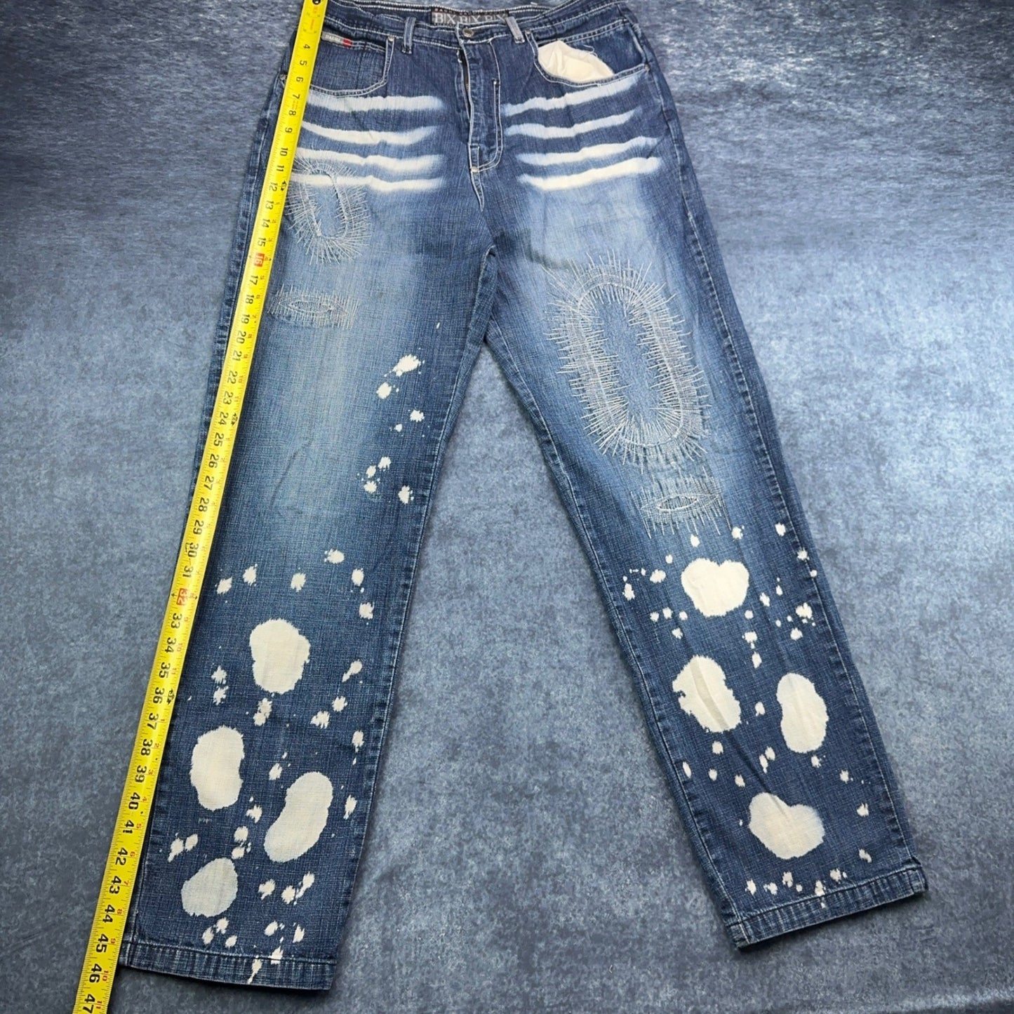 Bachi Exchange BIX Mens Distressed Bleach Splatter Jeans Blue W34 L34 Y2K Russia by Bachi Exchange