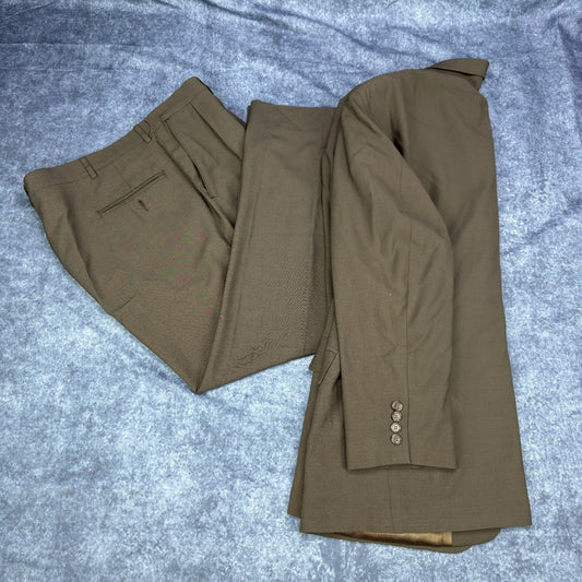 Haggar Black Label Mens 44R Suit 3-Button Blazer Pleated Pants Olive Brown Wool by Haggar