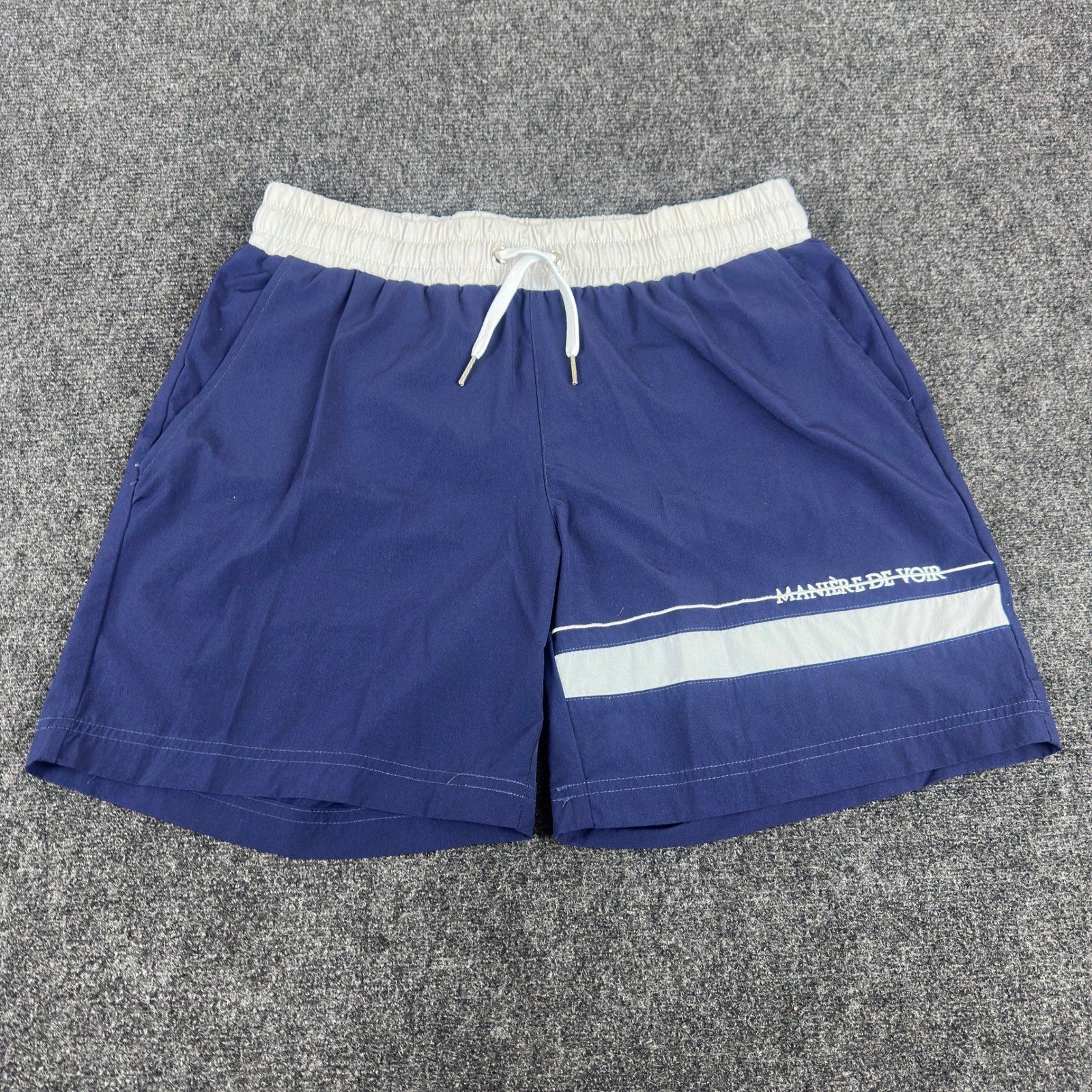 Maniere De Voir Mens Swim Trunks Navy Blue White Stripe Mesh Lined Size L by Maniere De Voir