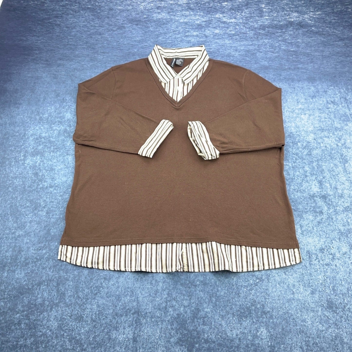 Jason Maxwell Woman Brown 2-in-1 Layered Look Striped Collar Sweater Top 2X by Jason Maxwell
