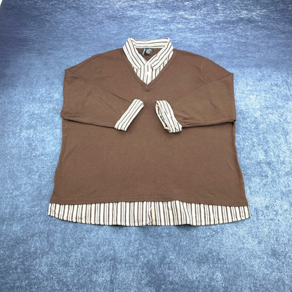 Jason Maxwell Woman Brown 2-in-1 Layered Look Striped Collar Sweater Top 2X by Jason Maxwell