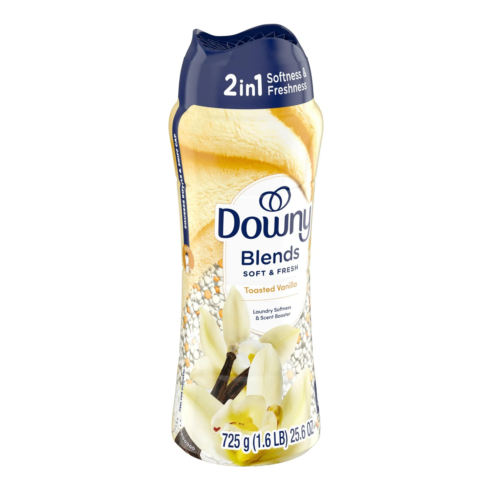 Clothesline with soft, fresh-smelling laundry outdoors, Downy Blends bottle in foreground  