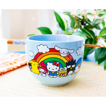 Side view of light blue ceramic ramen bowl displayed on a table with plants in background, chopsticks held on the notch