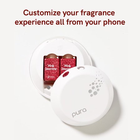 Pura smart diffuser showing two Pink Jasmine refill vials inside, with text about customizing fragrance from phone