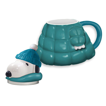 Separate views of Snoopy head-shaped lid with blue knit hat and the teal blue puffer jacket mug body with handle