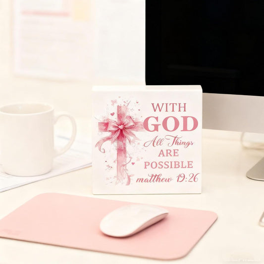 Christian Decor for Women Pink Bible Decor Inspirational Gifts Wooden Sign | Bible Verse Home Office Desk Decoration Religious Gifts Motivational Desk Decor for Pastor Baptism Gift