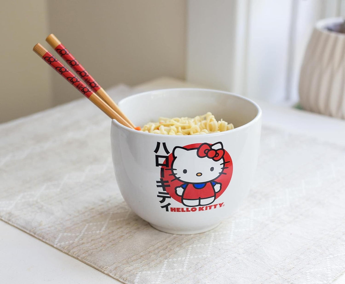 Sanrio Hello Kitty Tazón Japonés de Cerámica para Ramen, Fideos y Arroz con Palillos, Apto para Microondas, 20 Onzas