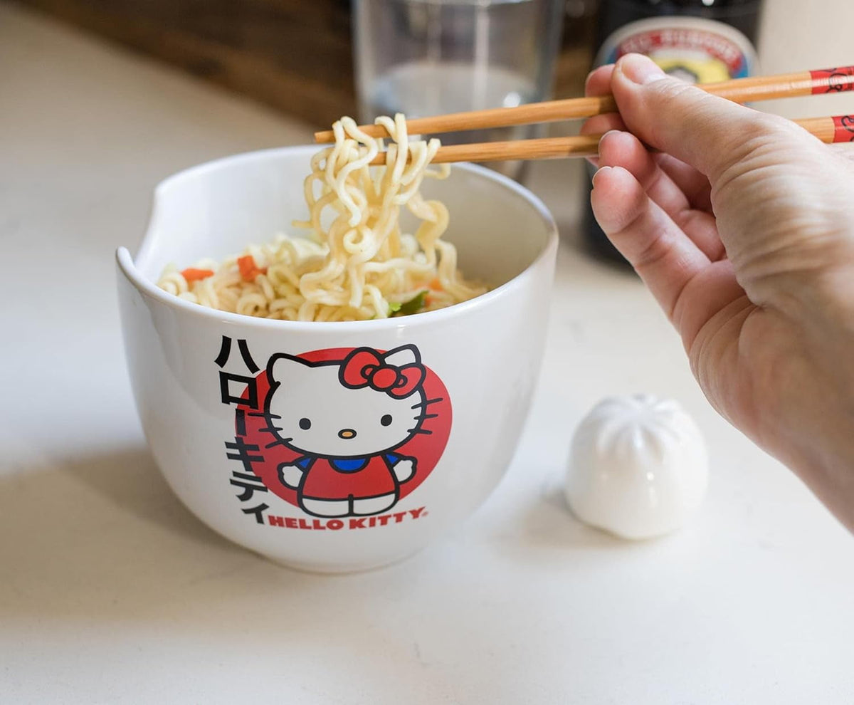 Sanrio Hello Kitty Tazón Japonés de Cerámica para Ramen, Fideos y Arroz con Palillos, Apto para Microondas, 20 Onzas