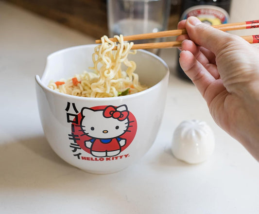 Sanrio Hello Kitty Tazón Japonés de Cerámica para Ramen, Fideos y Arroz con Palillos, Apto para Microondas, 20 Onzas