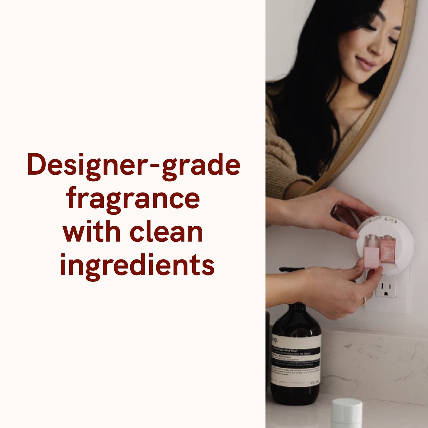 Woman placing Pura Pink Jasmine refill vial into a white Pura smart diffuser mounted on a wall