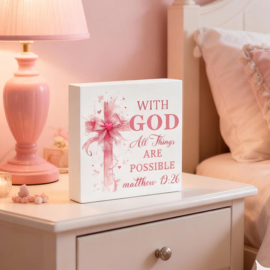 Christian Decor for Women Pink Bible Decor Inspirational Gifts Wooden Sign | Bible Verse Home Office Desk Decoration Religious Gifts Motivational Desk Decor for Pastor Baptism Gift