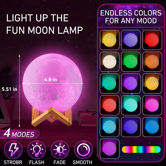 Moon Lamp 16 Colors LED Night Light with Remote & Touch Control, 4.8" 3D Moon Light with Stand, Dimmable Timer, Kids Bedroom Decor, Birthday & Christmas Gift
