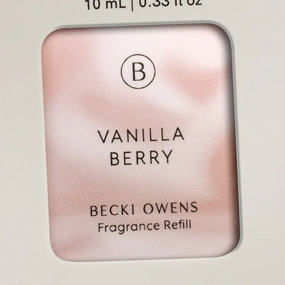Close-up of Vanilla Berry label on fragrance refill packaging highlighting brand and scent name
