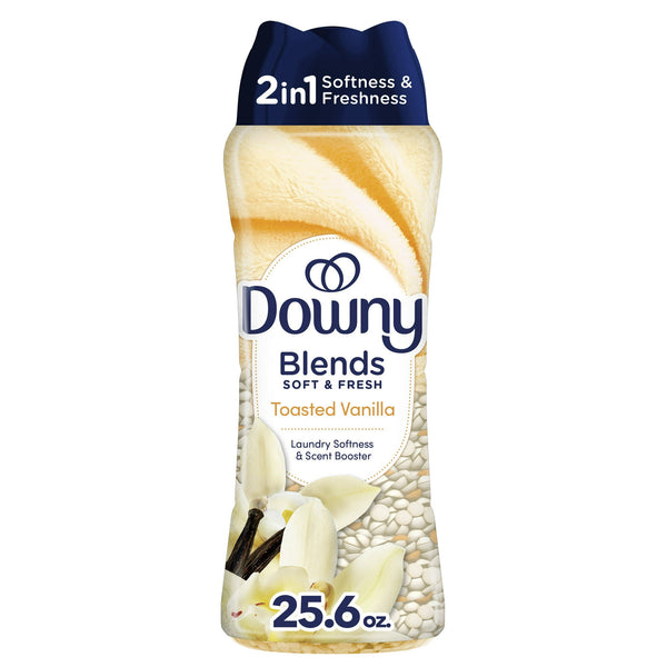 Close-up of Downy Blends Toasted Vanilla scent booster bottle with vanilla bean imagery  