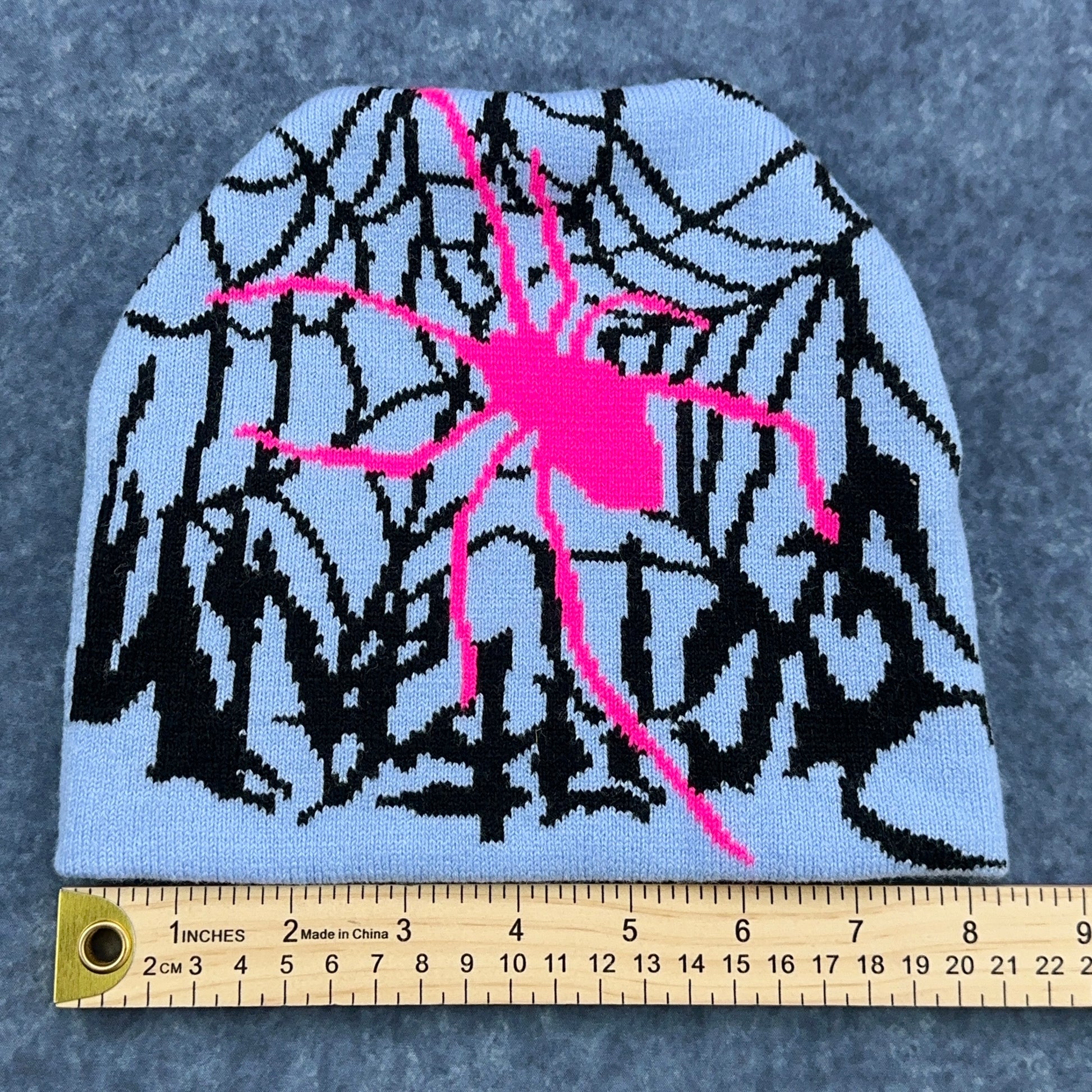 Cozy Knit Beanie - Pink Spider Accent Blue by Buysaavy