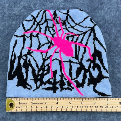Cozy Knit Beanie - Pink Spider Accent Blue by Buysaavy