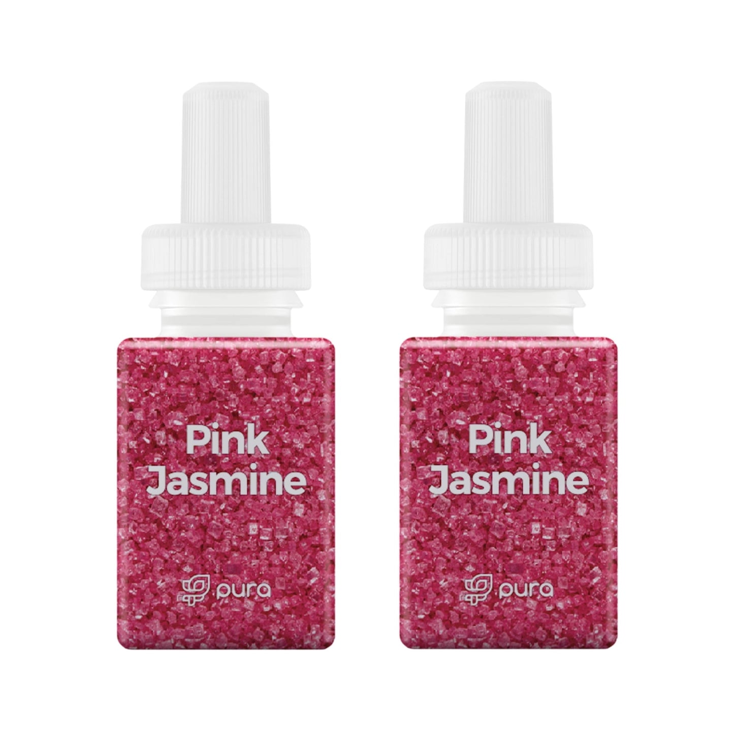 Two Pura Pink Jasmine fragrance refill vials with textured pink particles and white caps