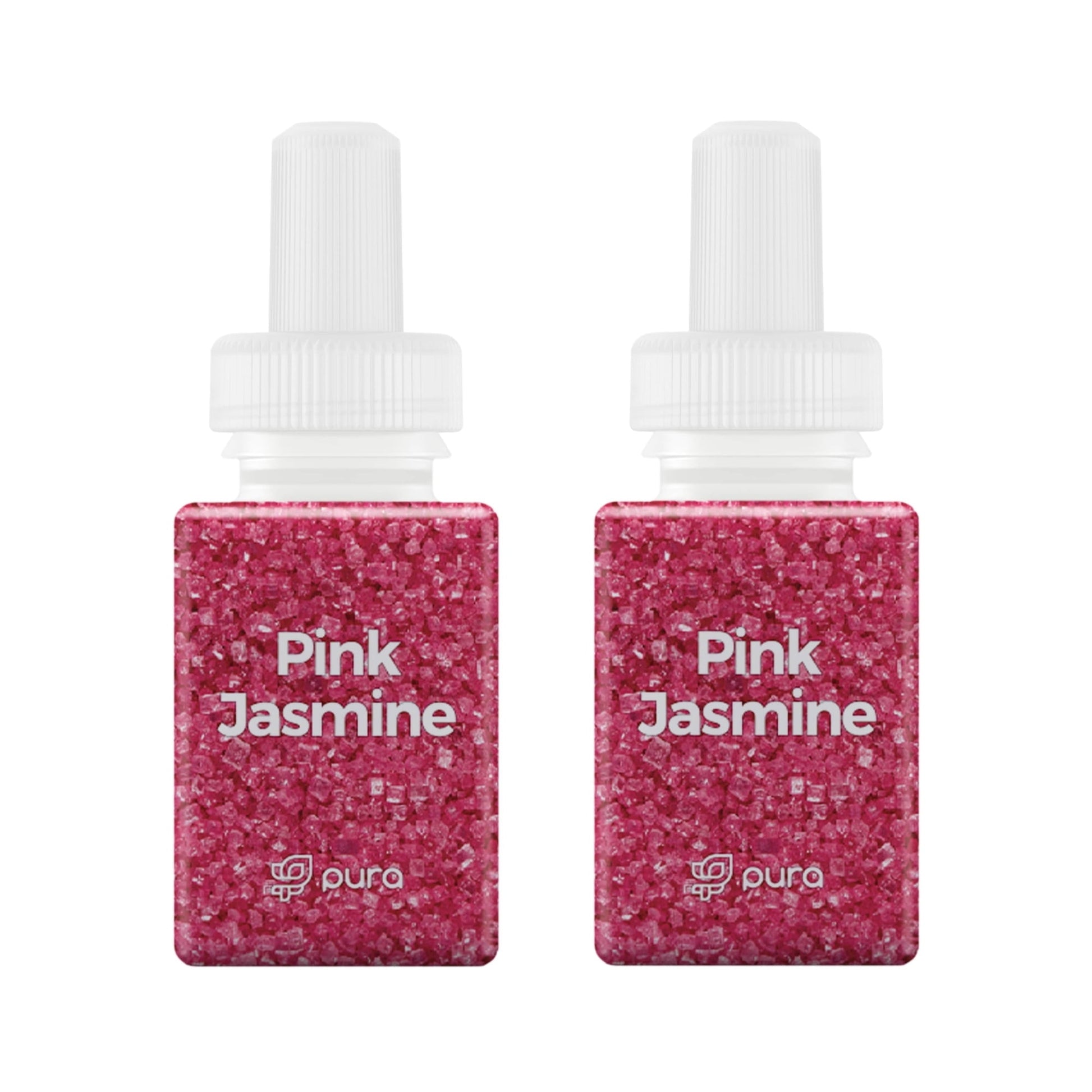 Two Pura Pink Jasmine fragrance refill vials with textured pink particles and white caps