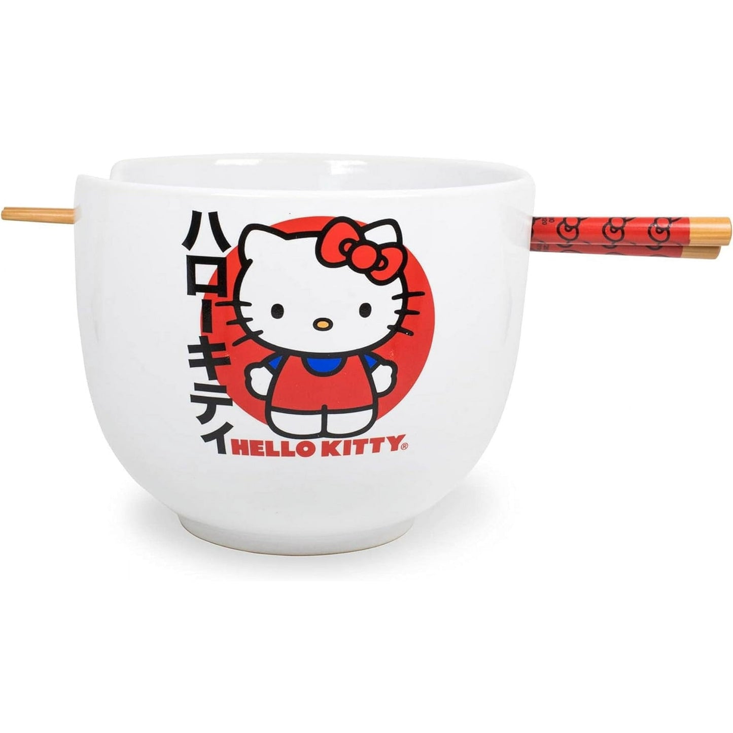 White ceramic ramen bowl with Hello Kitty design and attached bamboo chopsticks