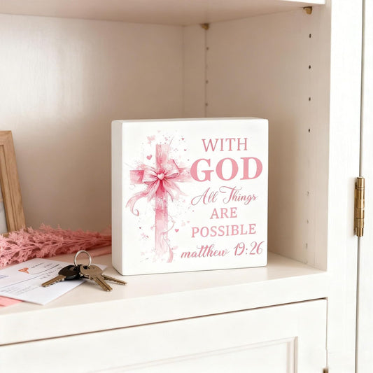 Christian Decor for Women Pink Bible Decor Inspirational Gifts Wooden Sign | Bible Verse Home Office Desk Decoration Religious Gifts Motivational Desk Decor for Pastor Baptism Gift