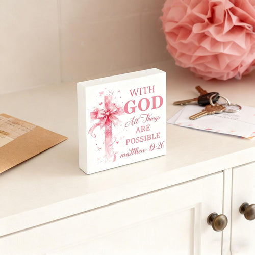 Christian Decor for Women Pink Bible Decor Inspirational Gifts Wooden Sign | Bible Verse Home Office Desk Decoration Religious Gifts Motivational Desk Decor for Pastor Baptism Gift