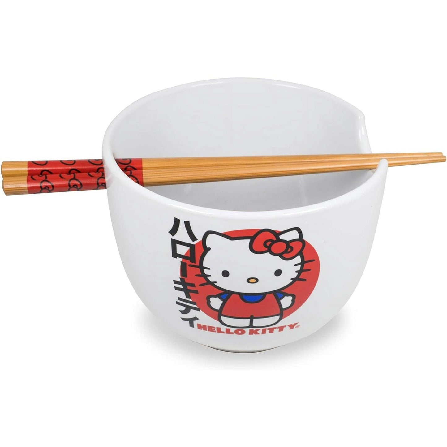 Person holding the Hello Kitty ceramic ramen bowl with chopsticks in front of a laptop