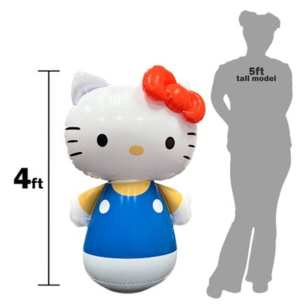 Inflated Hello Kitty standing 4 feet tall next to a 5-foot tall adult silhouette for size comparison