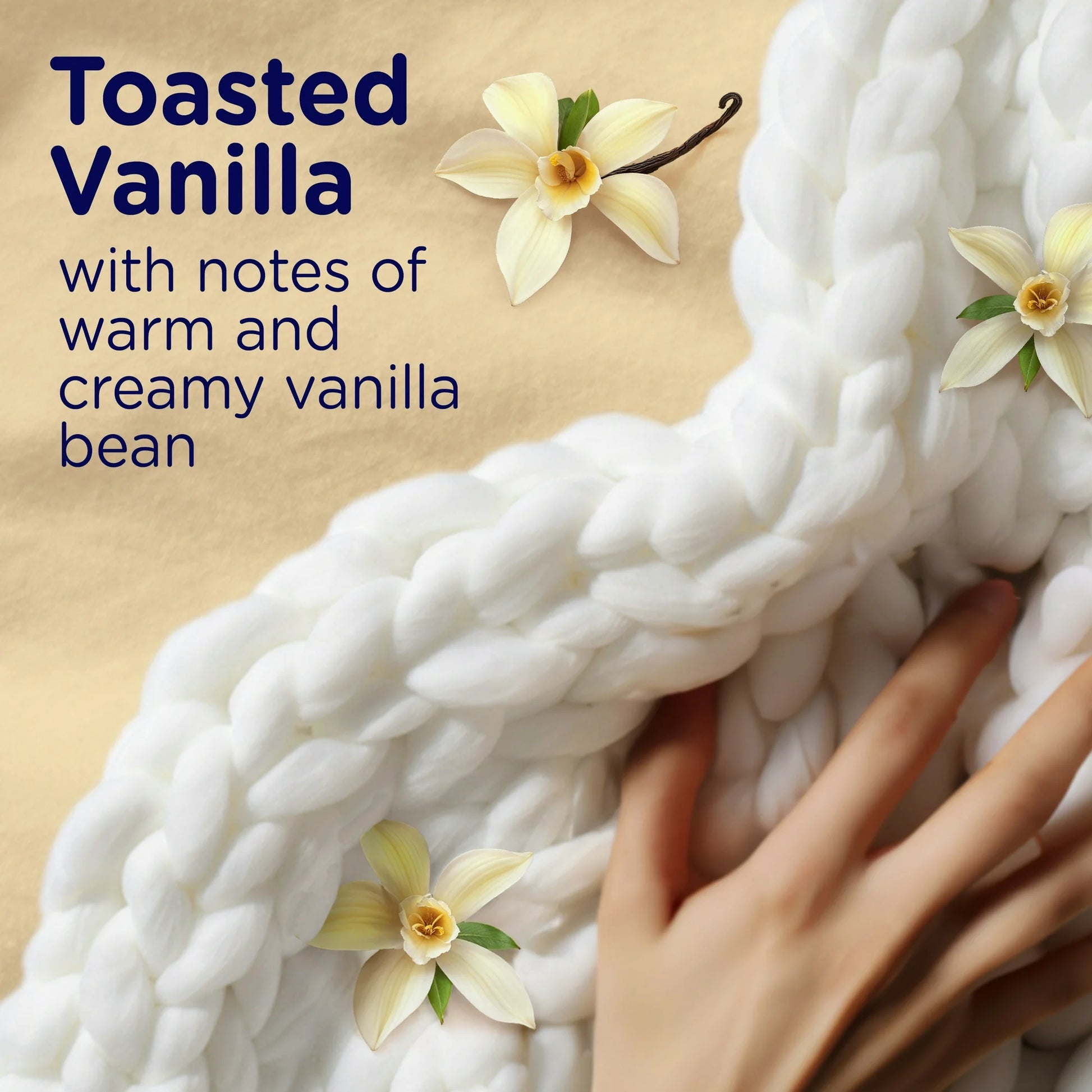 Downy Blends Soft & Fresh bottle with creamy vanilla swirl background  