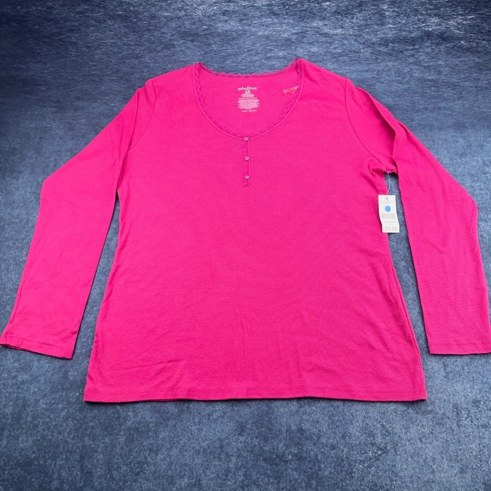 Mix & Co Plus Womens 3X Fuchsia Pink Ribbed Henley Long Sleeve Sleep Top NWT — photo 2 of 8