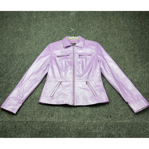 Alfani Womens Metallic Lavender Purple Genuine Leather Zip Moto Jacket Small — photo 2 of 7