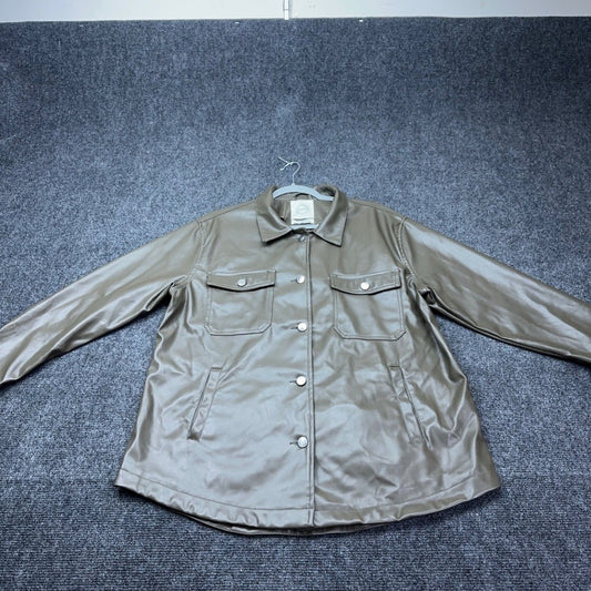 Stoosh Womens Faux Leather Shirt Jacket Olive Brown Shacket JKJR2283 Size L — photo 2 of 11