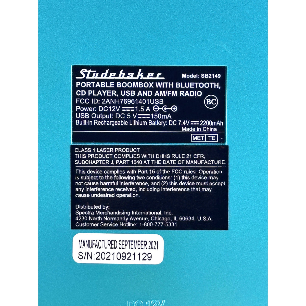 Studebaker SB2149 Teal Portable Boombox CD Player Bluetooth AM FM Radio USB