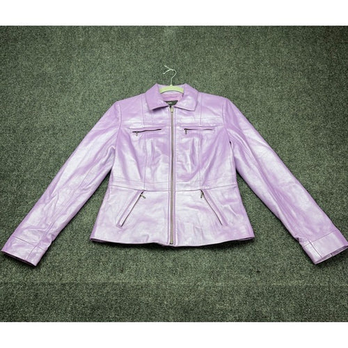 Alfani Womens Metallic Lavender Purple Genuine Leather Zip Moto Jacket Small — photo 1 of 7