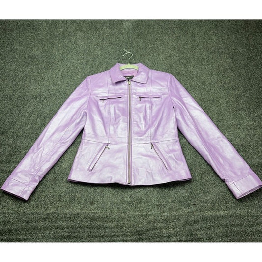 Alfani Womens Metallic Lavender Purple Genuine Leather Zip Moto Jacket Small — photo 1 of 7