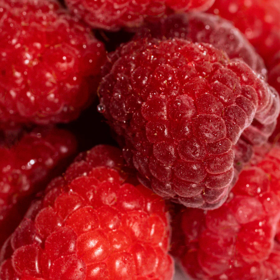 Close-up of fresh red raspberries representing berry scent notes