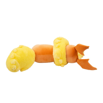 Front view of Flareon sleeping plush highlighting facial features and signature flame-colored mane  